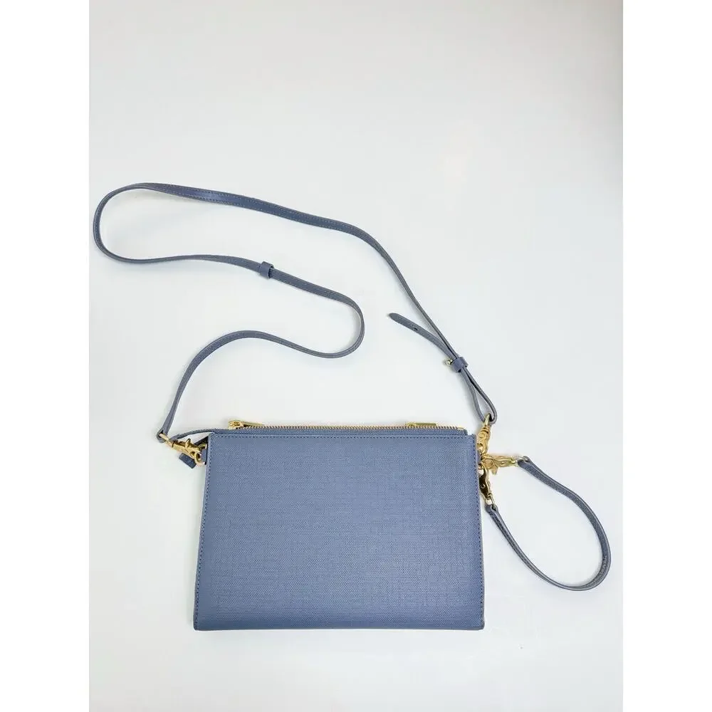 Dagne Dover Double Zip Crossbody in Dusty Blue with Gold Hardware